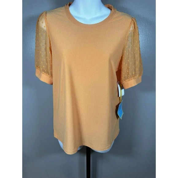 CECE Women's ORANGE Stretch Pouf Sleeve CREW Neck Top S NWT - Picture 1 of 9